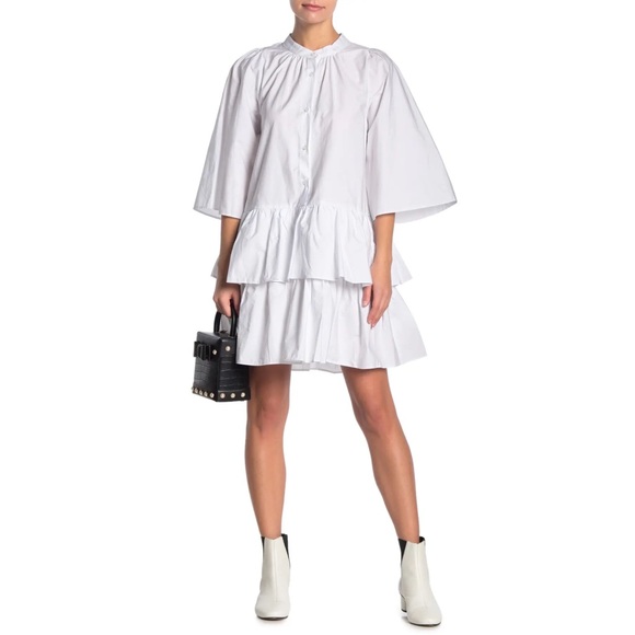 TOV Kimono Sleeve Tiered Ruffle Poplin Mini Shirt Dress in White Size 42 L NWT - Picture 2 of 9